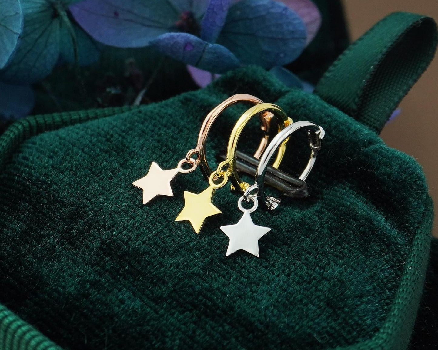 Pair of Tiny Sterling Silver Dangly Star Huggie Hoop Earrings in Rhodium, Gold or Rose Gold Plated, Dainty Stacking Jewelry