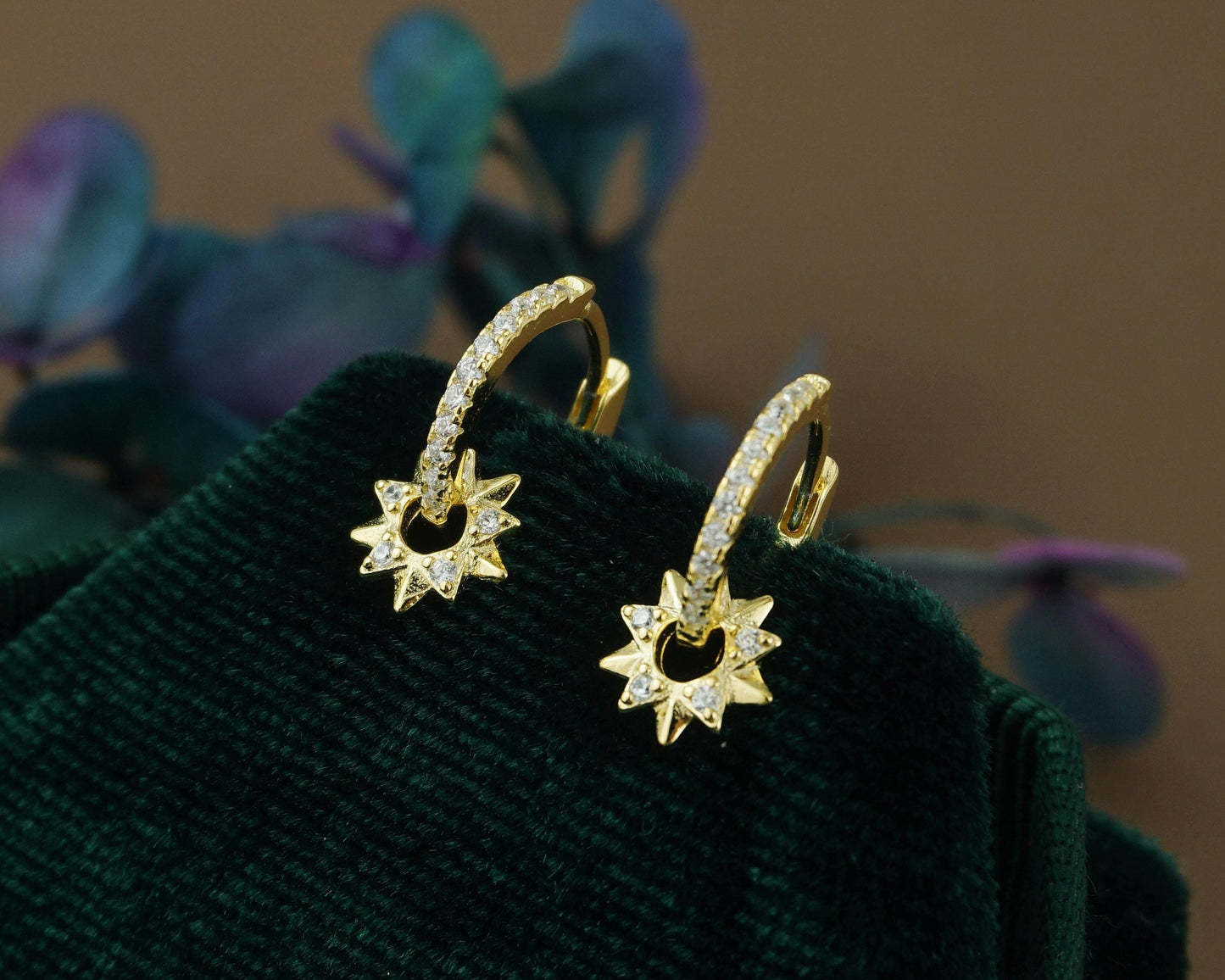 Pair of Sun Huggie Hoop Earrings in 925 Sterling Silver or Plated Gold, Sunburst Charm, CZ Paved Loop