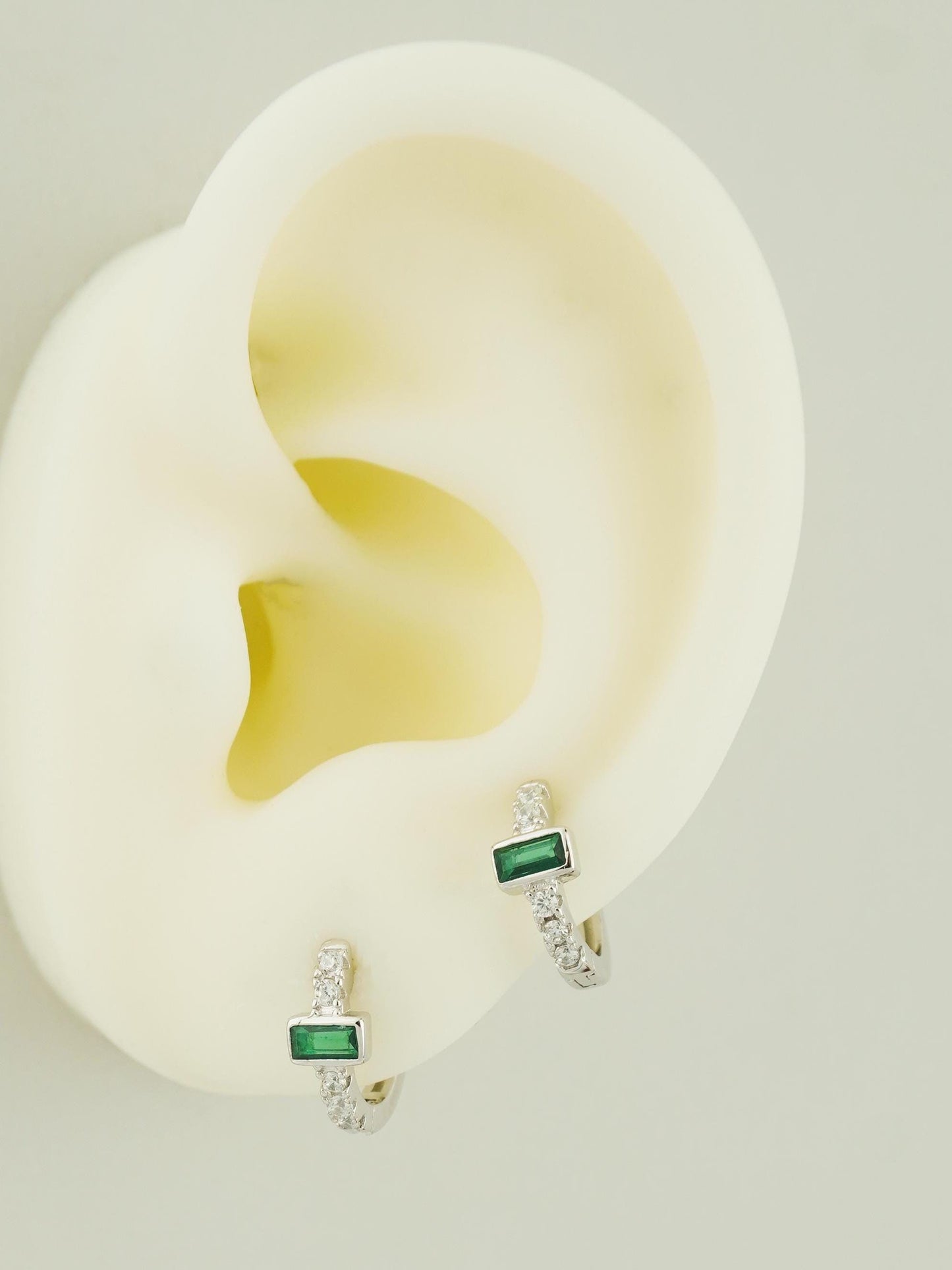 Pair of Emerald Green Baguette CZ Huggie Hoop Earrings in Sterling Silver or Plated Gold, Rectangular Crystal Gem Paved Loop Earlobe Jewelry