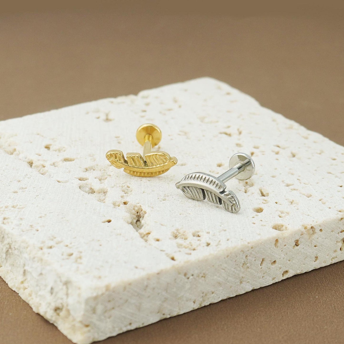 1 pc of Push pin Stainless Steel Flat Back Feather Stud Earring in Steel or Gold Finish