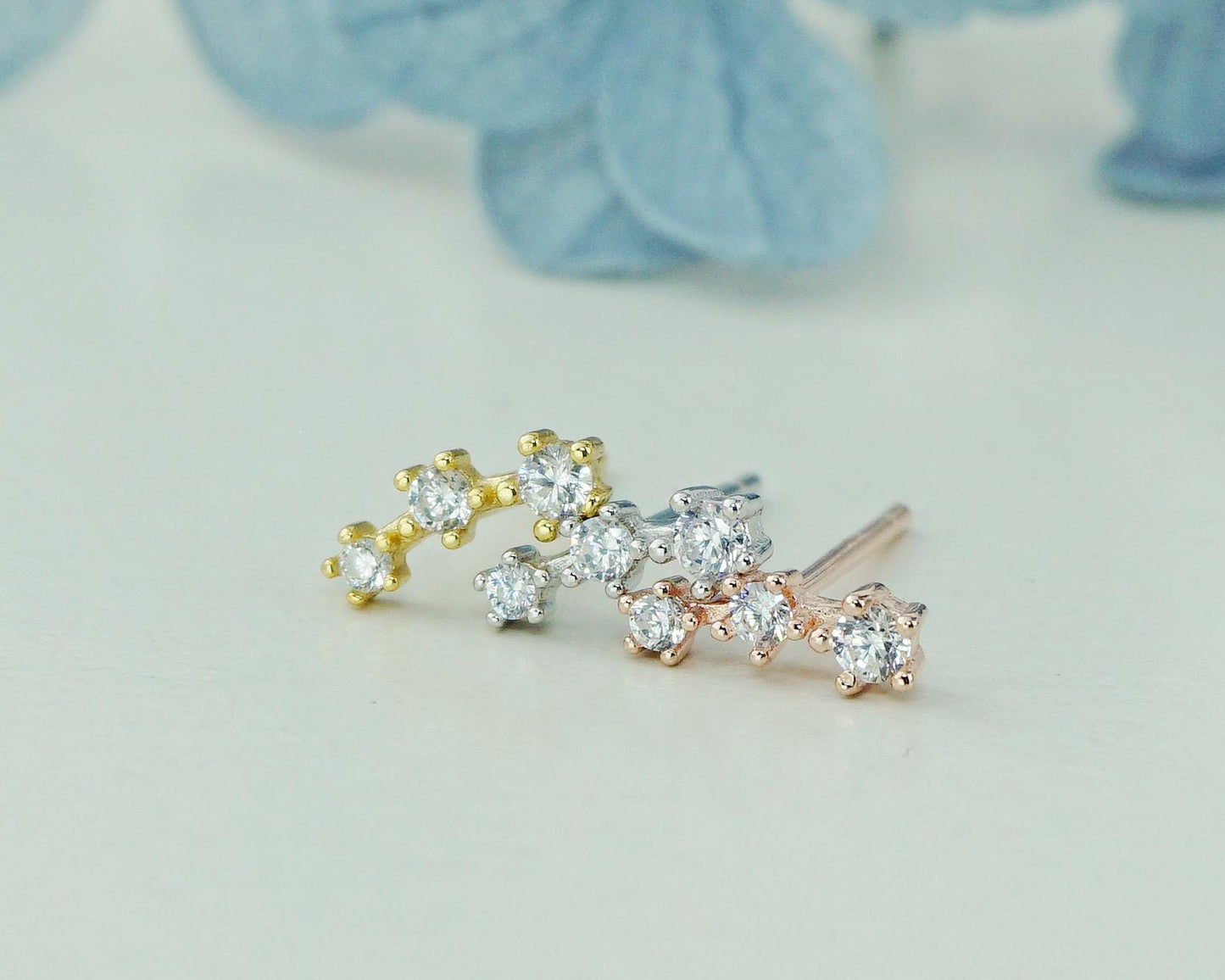 Pair of Tiny Trio CZ Sterling Silver Stud Earrings in Rhodium, 18ct Gold or Rose Gold Plated