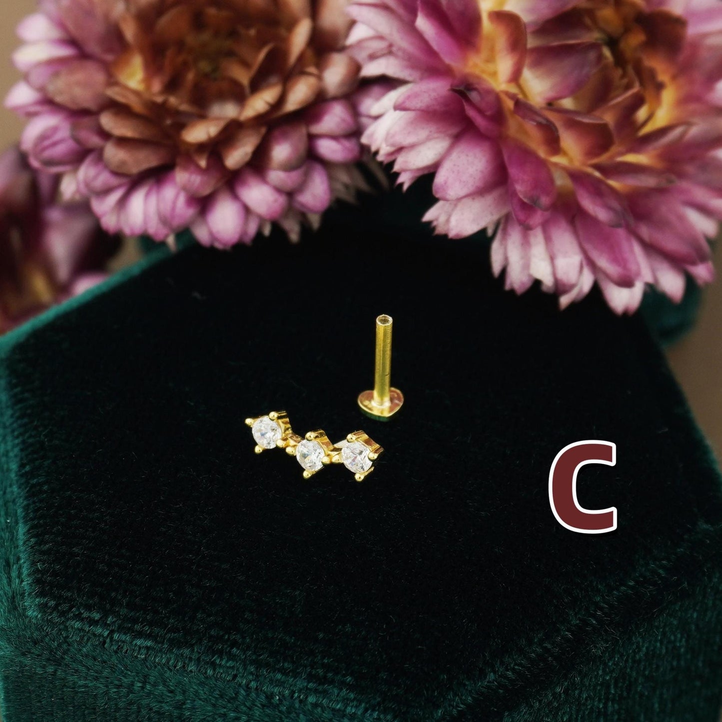 1 pc of CZ Stud Earring in 18k Gold Plated over Sterling Silver, Mini Trio Star/ Princess Cut/ Pear Cut Tragus Cartilage Labret