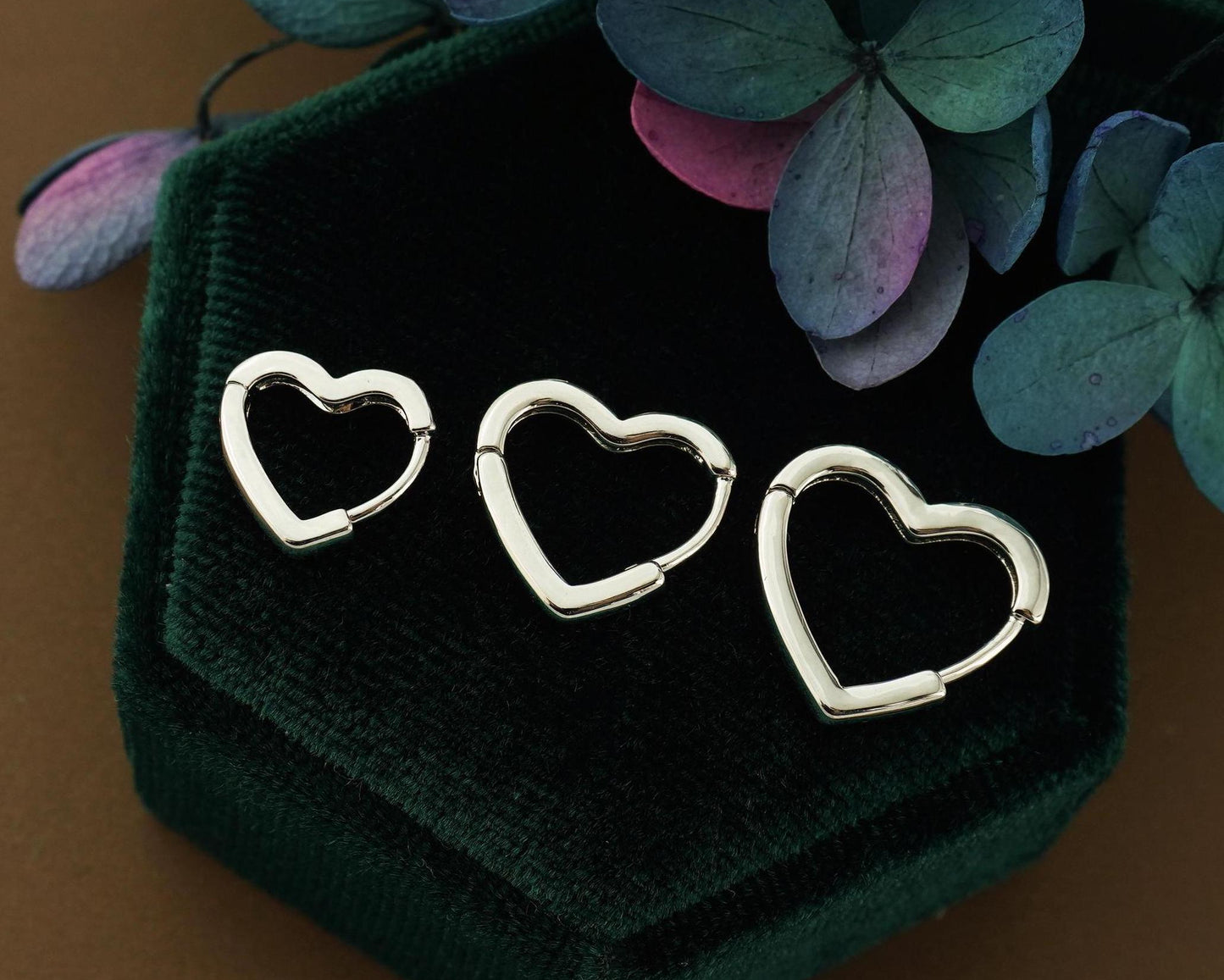 Pair of Minimal Love Heart Huggie Hoop Earrings in Brass Plated with Rhodium, Gold, Rose Gold