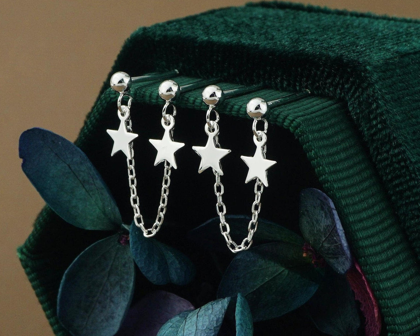 Pair of Double Stellar Stud Earrings in Sterling Silver, Dangly Celestial Twin Stars on Chain