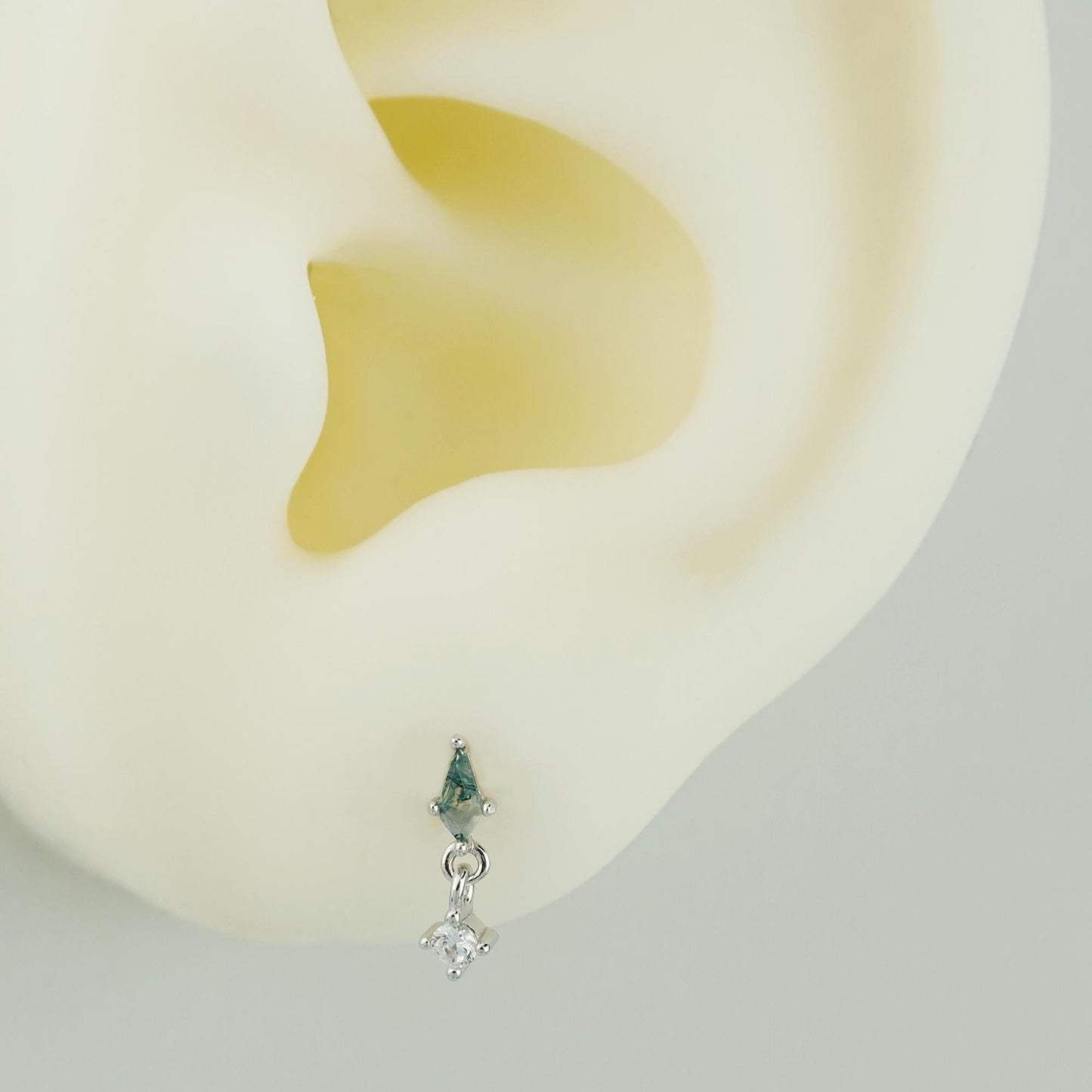 1 pc of VERY TINY Natural Green Moss Agate Kite Shape with Dangly CZ Stud Earring in Sterling Silver / Plated Gold