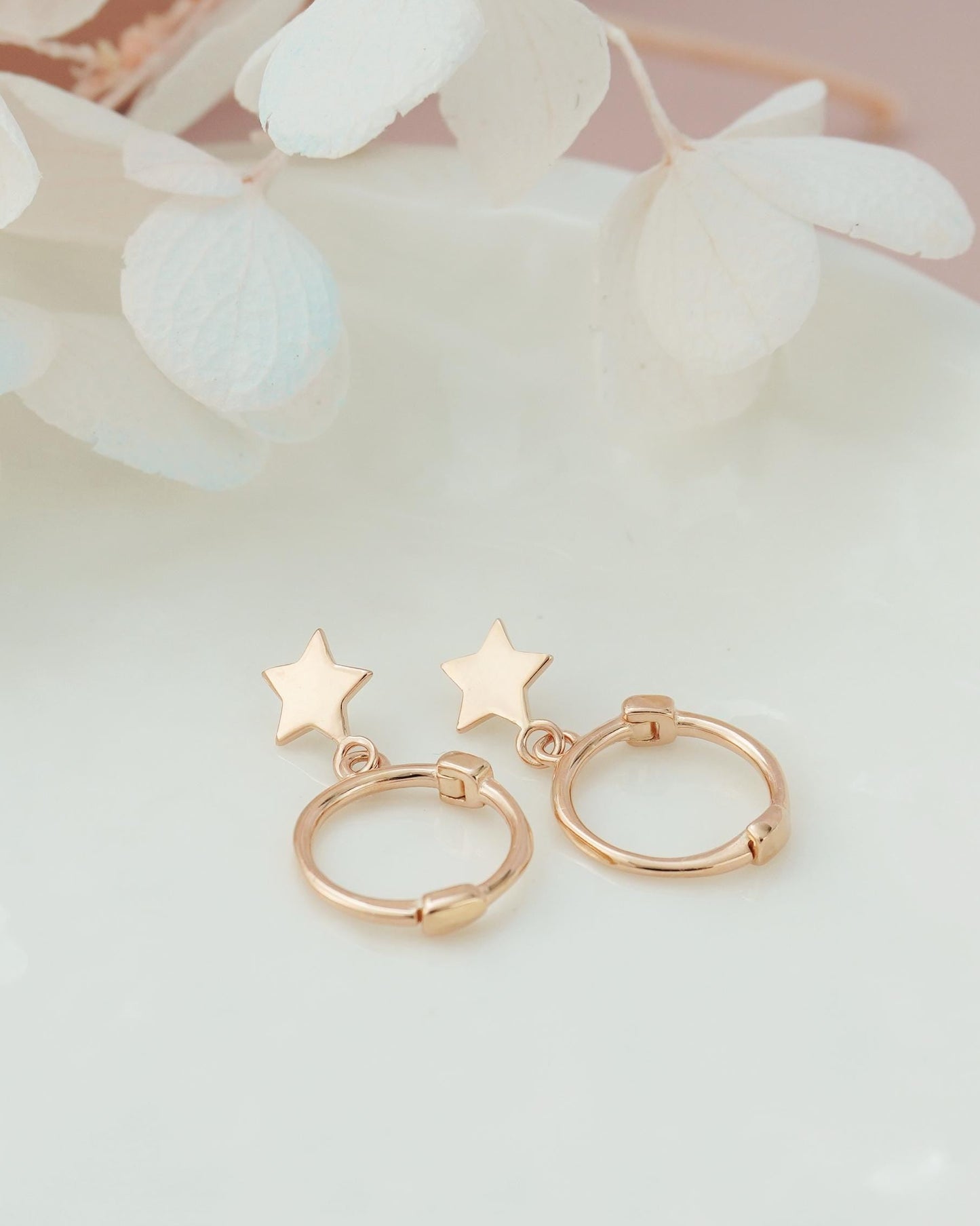 Pair of Tiny Sterling Silver Dangly Star Huggie Hoop Earrings in Rhodium, Gold or Rose Gold Plated, Dainty Stacking Jewelry
