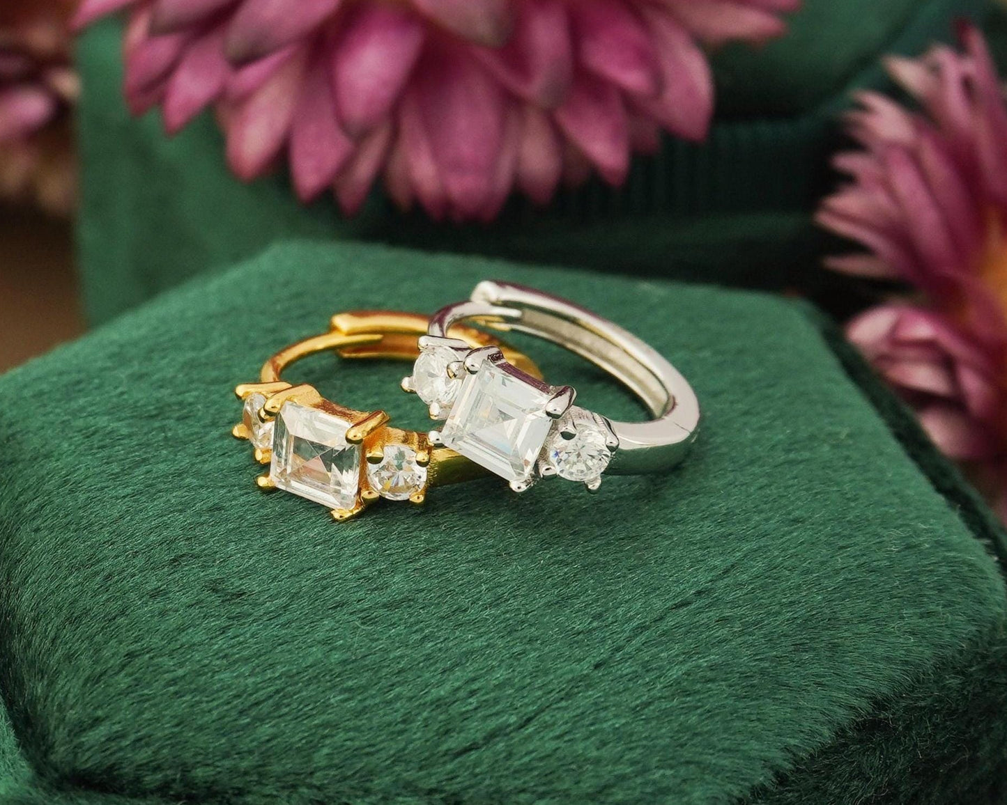 Pair of Square CZ Huggie Hoop Earrings in Sterling Silver or 18k Gold Plated, Elegant Sparkly Princess Cut Design