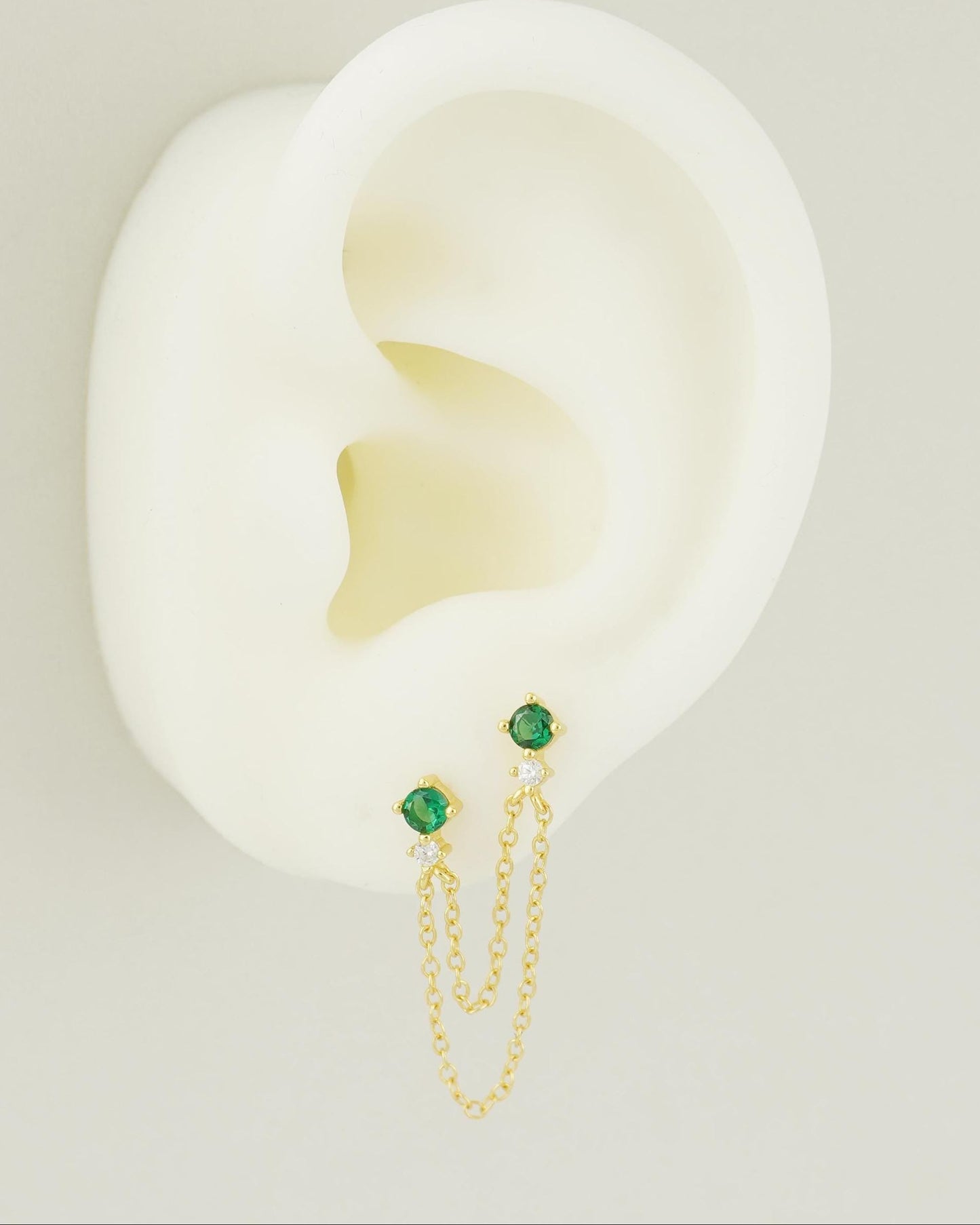 1 pc of Duo Emerald Green CZ Gem Stud Earring in Gold Plated over Sterling Silver, Dangly Double Chain, Layer Tassel Lobe & 2nd Hole Piercing
