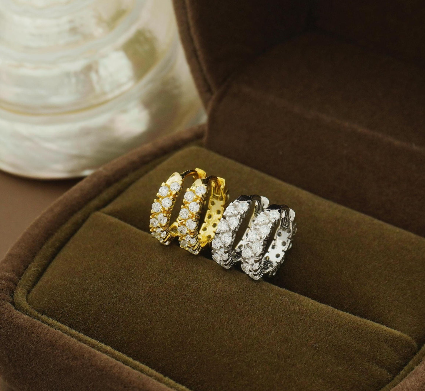 Pair of Statement CZ Huggie Hoop Earrings in Sterling Silver or 18ct Plated Gold, Elegant Sparkly Crystal Gem Ear Jewelry