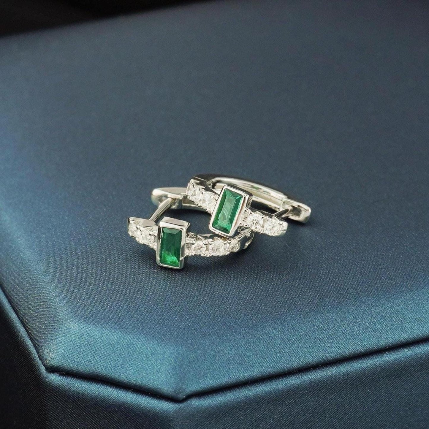 Pair of Emerald Green Baguette CZ Huggie Hoop Earrings in Sterling Silver or Plated Gold, Rectangular Crystal Gem Paved Loop Earlobe Jewelry