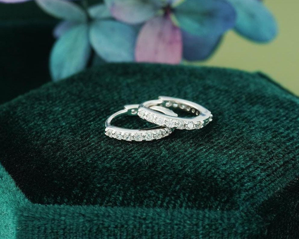 Pair of Skinny CZ Paved Huggie Hoop Earrings, Gold or Rhodium Plated over Sterling Silver, Front & back Design, available in 4 Sizes