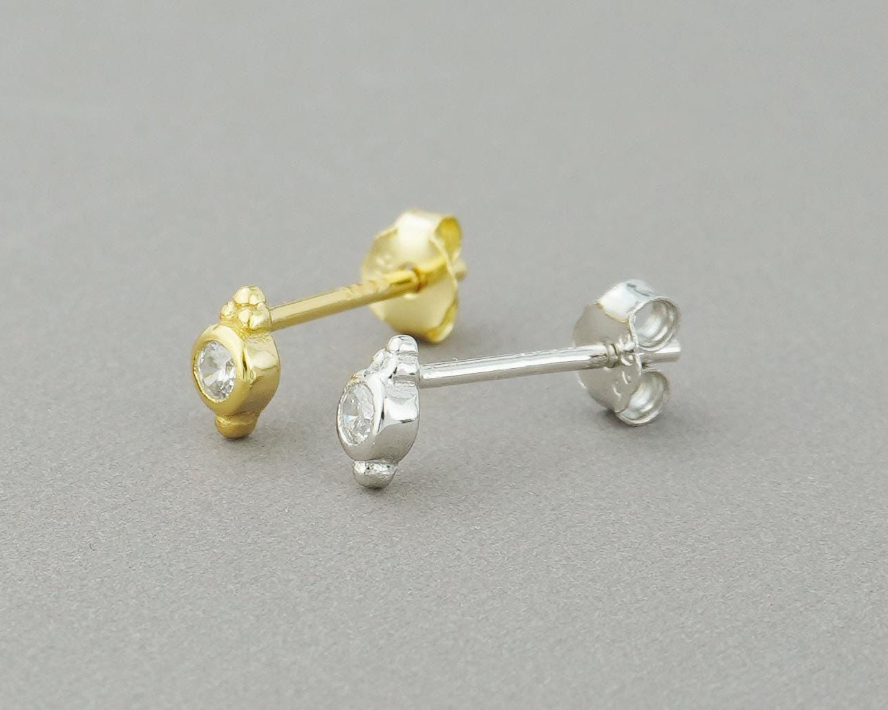 Pair of VERY TINY Sterling Silver CZ Bezel Stud Earrings in Rhodium or 18ct Gold Plated