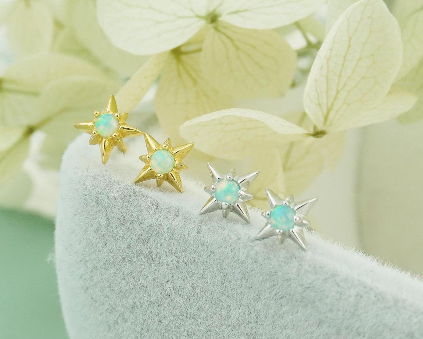Pair of Starburst Stud Earrings in Sterling Silver or Plated Gold, Celestial Design with Blue Hue Fire Opal