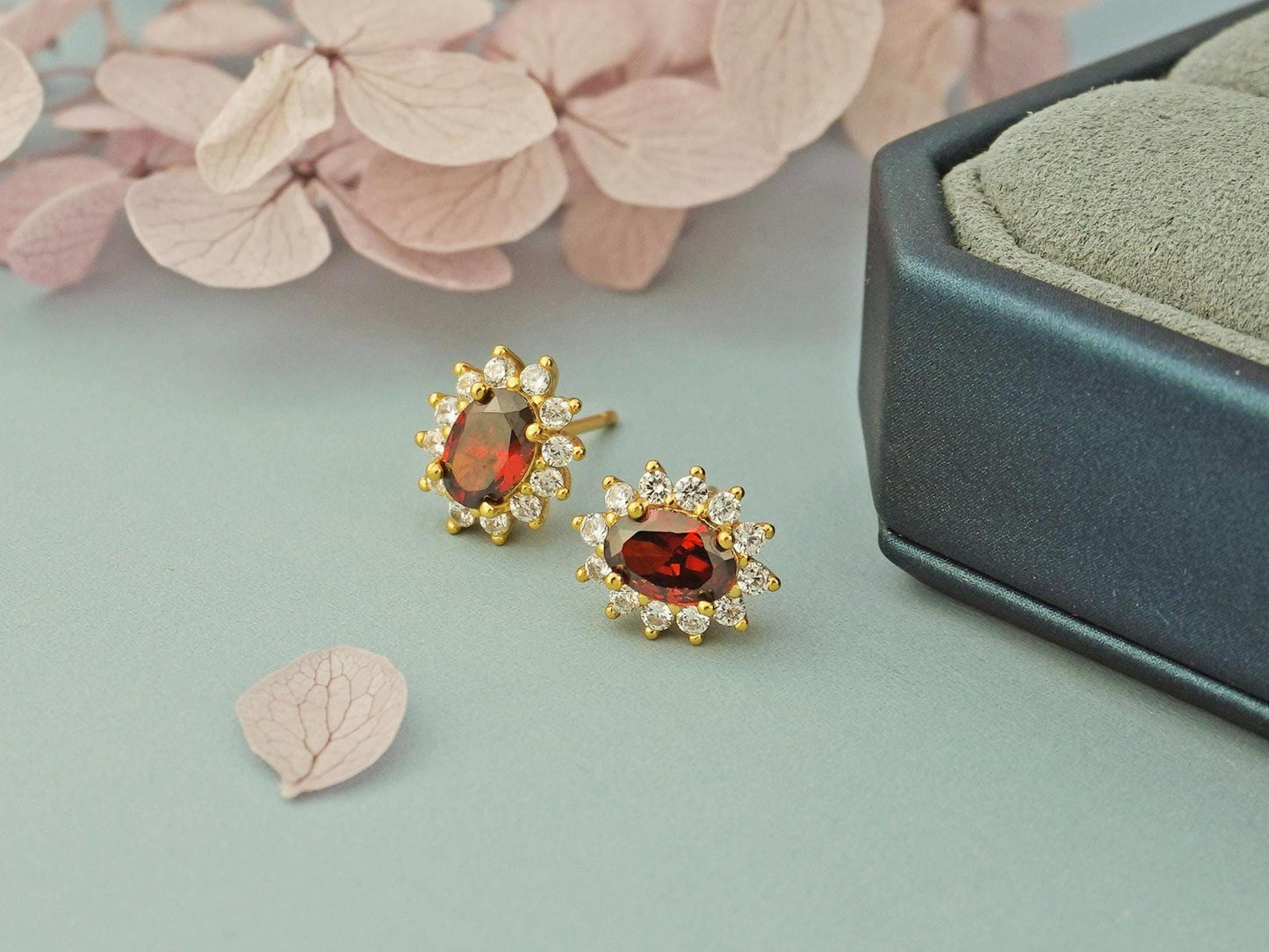Pair of Halo Oval Red CZ Stud Earrings in 18ct Gold Plated or Sterling Silver