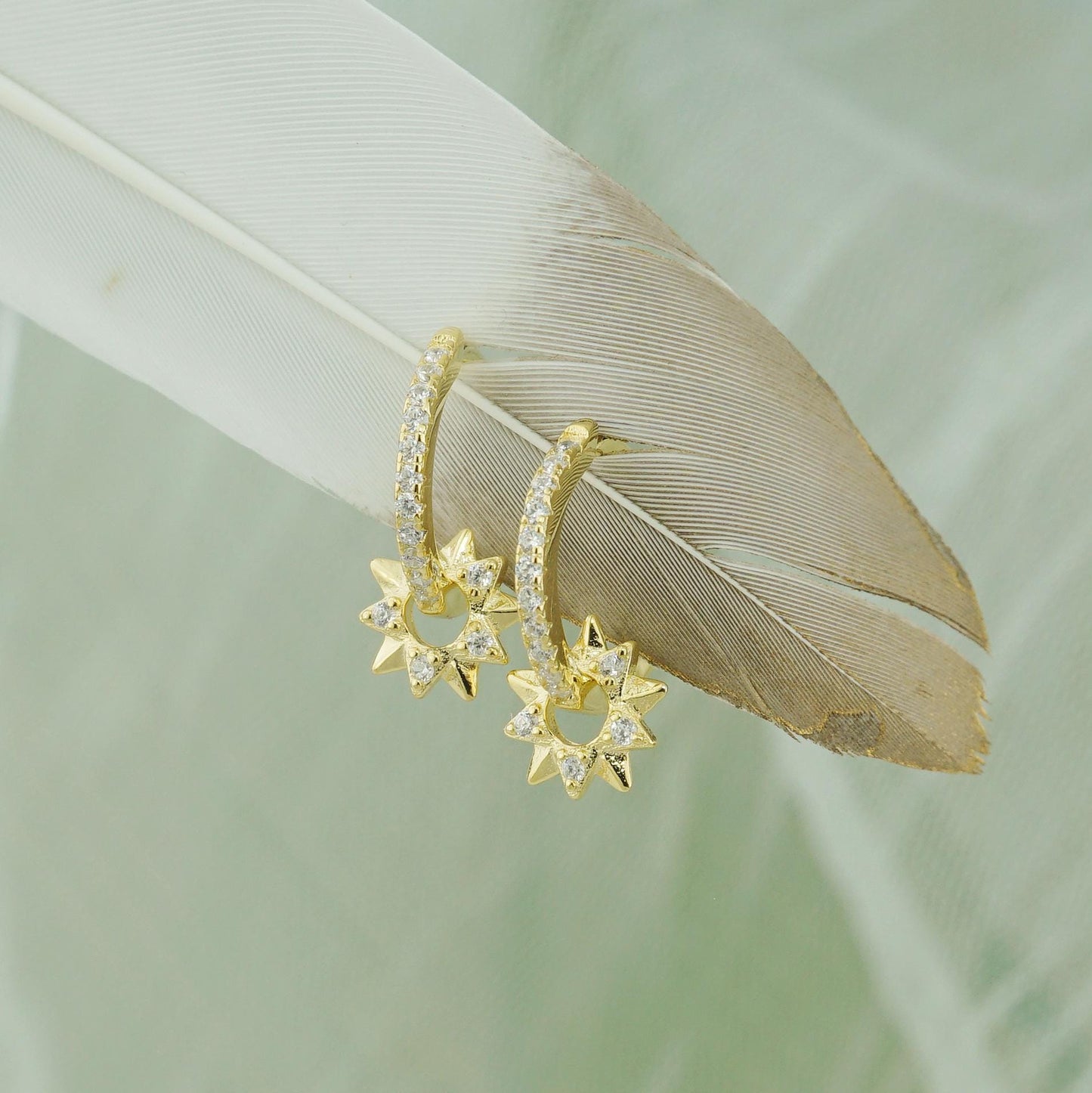 Pair of Sun Huggie Hoop Earrings in 925 Sterling Silver or Plated Gold, Sunburst Charm, CZ Paved Loop