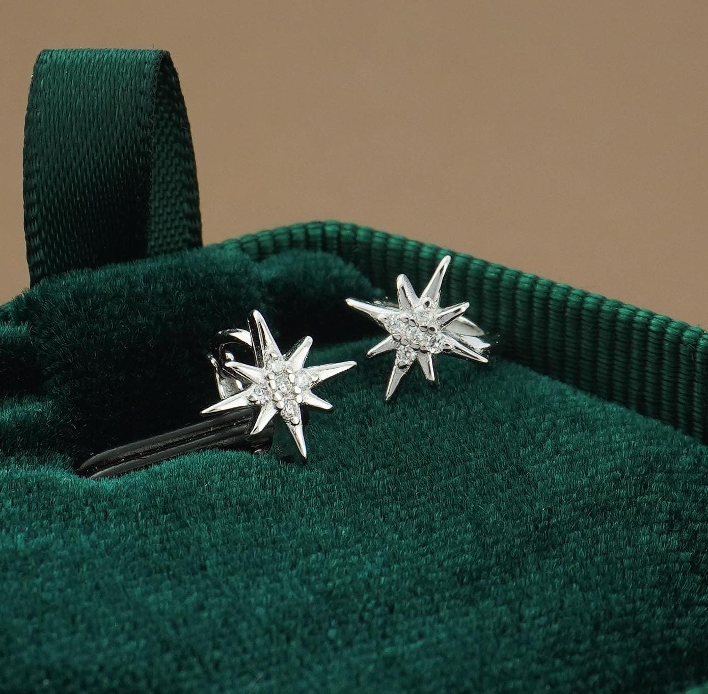 Pair of Tiny Starburst Huggie Hoop Earrings in Sterling Silver or Plated Gold, Sunburst CZ Crystal Cartilage Piercing