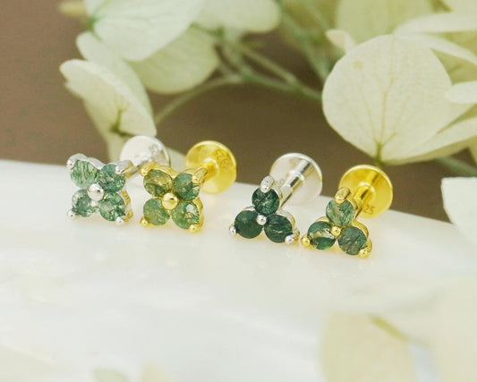 1 pc of Tiny Natural Green Moss Agate Flat Back Stud Earring in Sterling Silver /Plated Gold