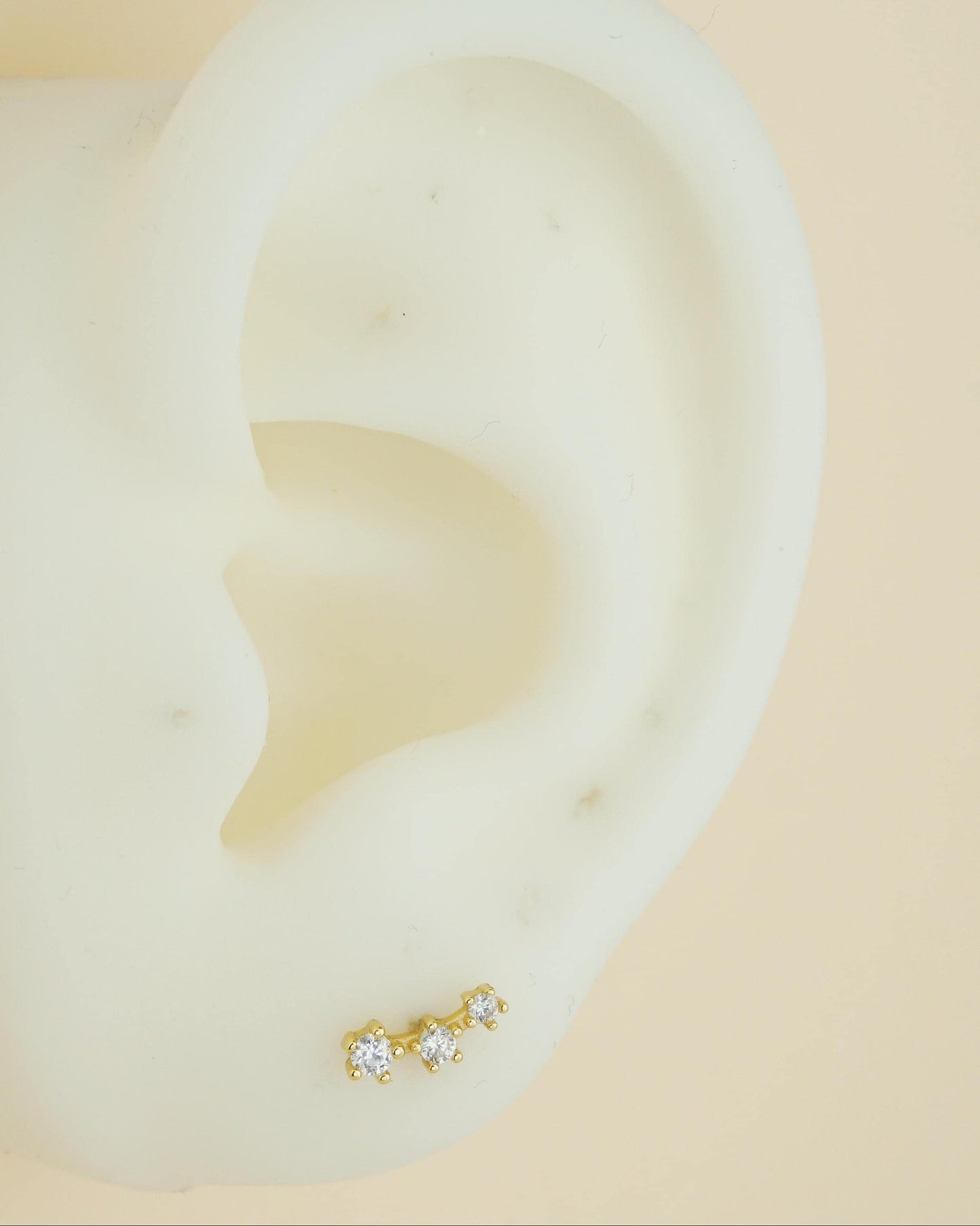 Pair of Tiny Sterling Silver Trio CZ Stud Earrings in Rhodium, Gold or Rose Gold Plated, Dainty Star Crawler with Screw Ball Back