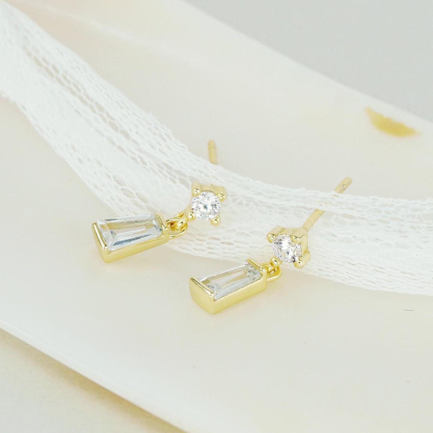 Pair of Dangle Trapezoid CZ Crystal Stud Earrings in 14ct Gold Plated Sterling Silver