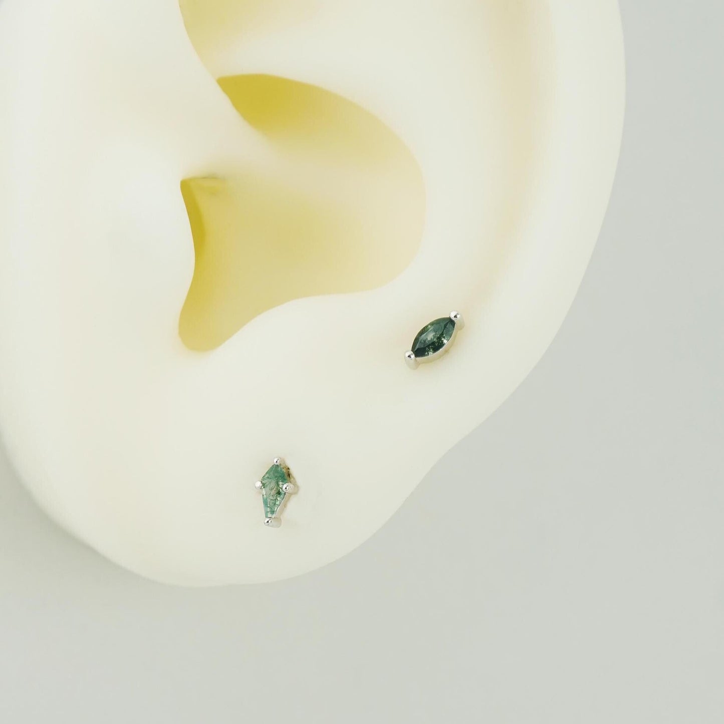 1 pc of VERY TINY Natural Green Moss Agate Flat Back Stud Earring in Sterling Silver or Plated Gold, Marquise/Kite Shape