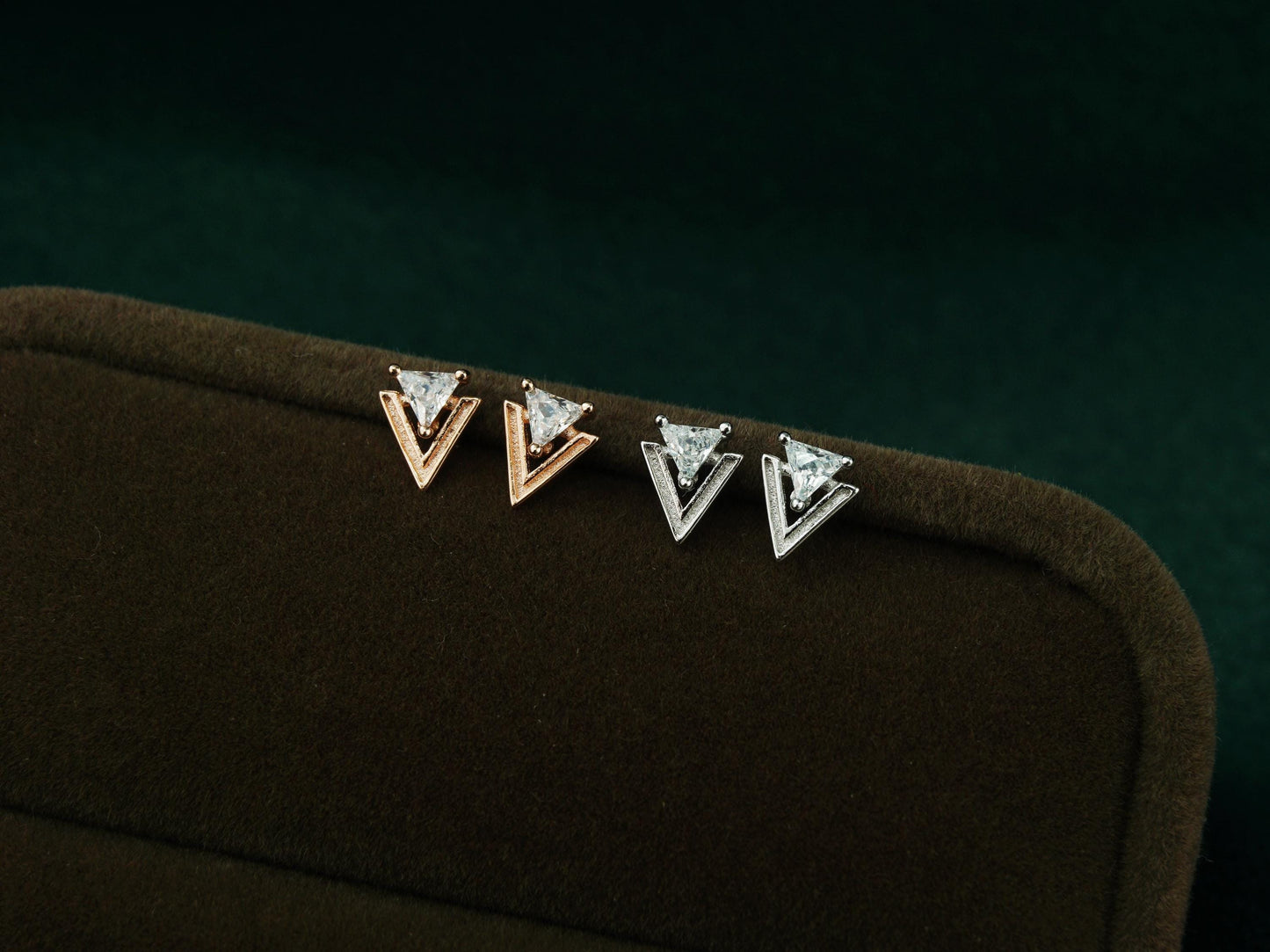 Pair of Double Triangle Arrowhead Stud Earring in Sterling Silver or Plated Rose Gold