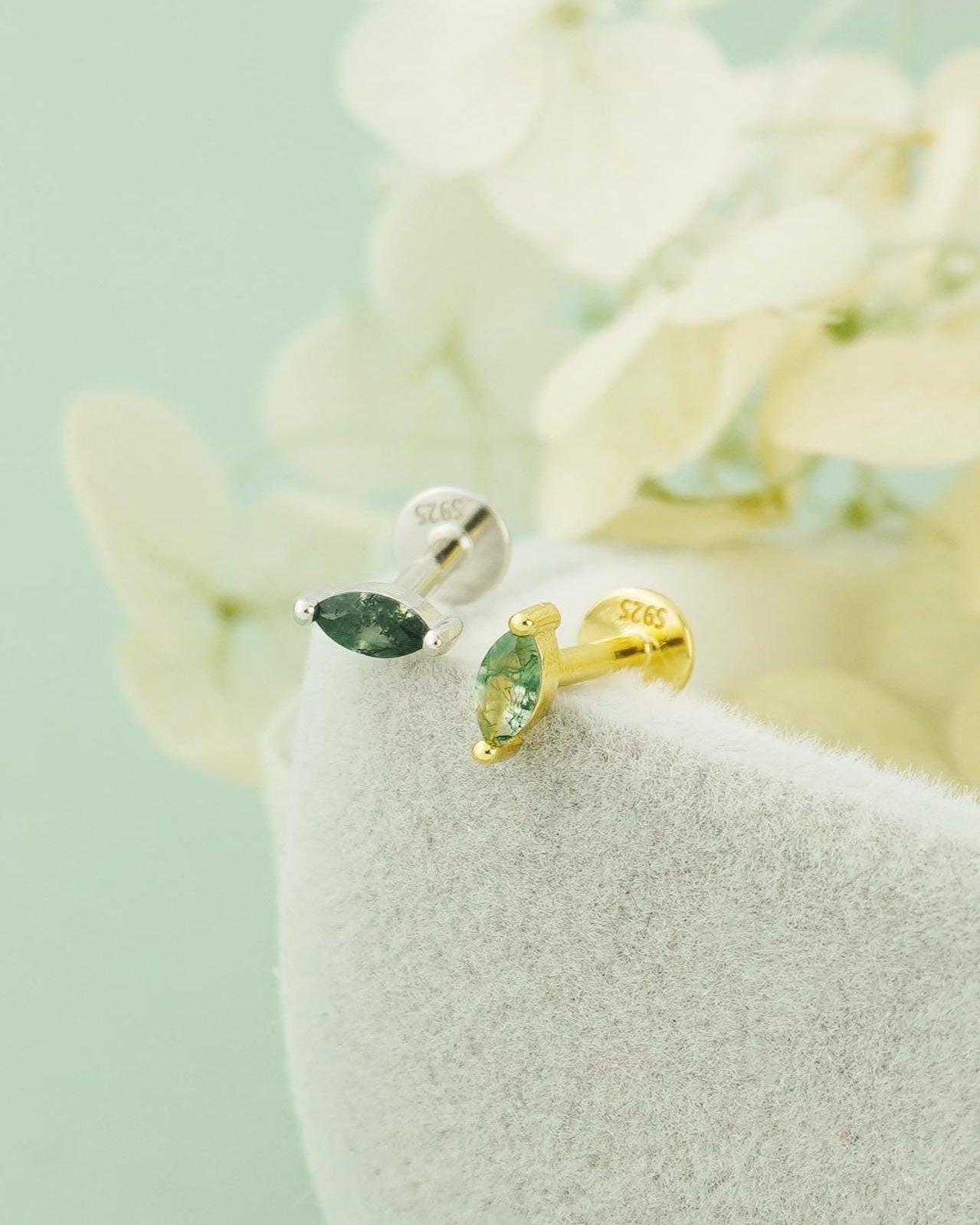 1 pc of VERY TINY Natural Green Moss Agate Flat Back Stud Earring in Sterling Silver or Plated Gold, Marquise/Kite Shape