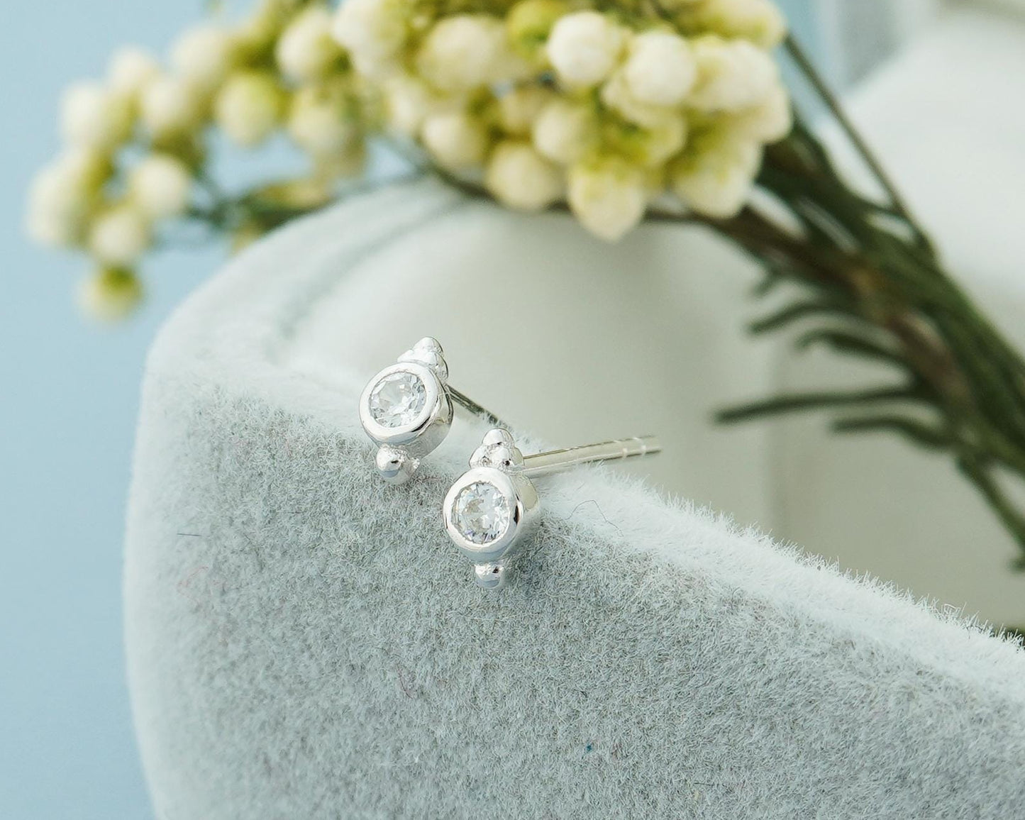 Pair of VERY TINY Sterling Silver CZ Bezel Stud Earrings in Rhodium or 18ct Gold Plated