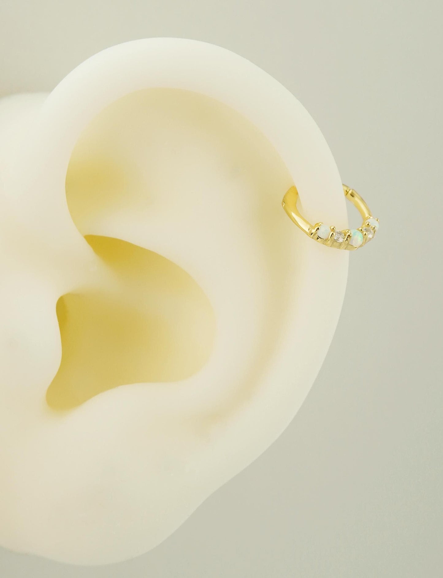1 pc of 18G Hinged Opal & CZ Stone Daith Earring Hoop in 18ct Gold Plated over Sterling Silver, Helix Cartilage Clicker
