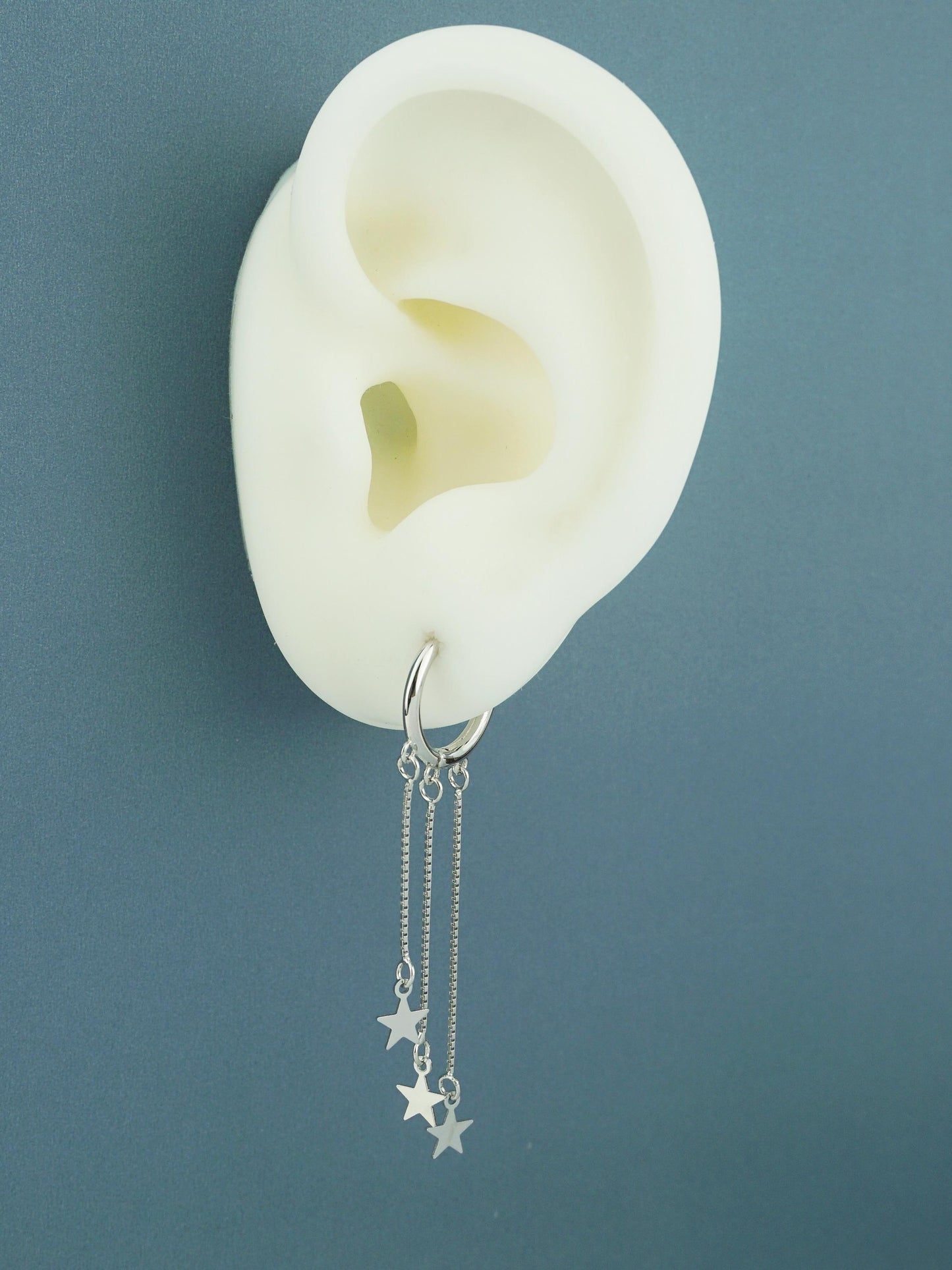 Pair of Trio Stars Huggie Hoop Earrings in Sterling Silver, Dangly Celestial Charm, Dainty Tassel Triple Chain Ear Jewelry