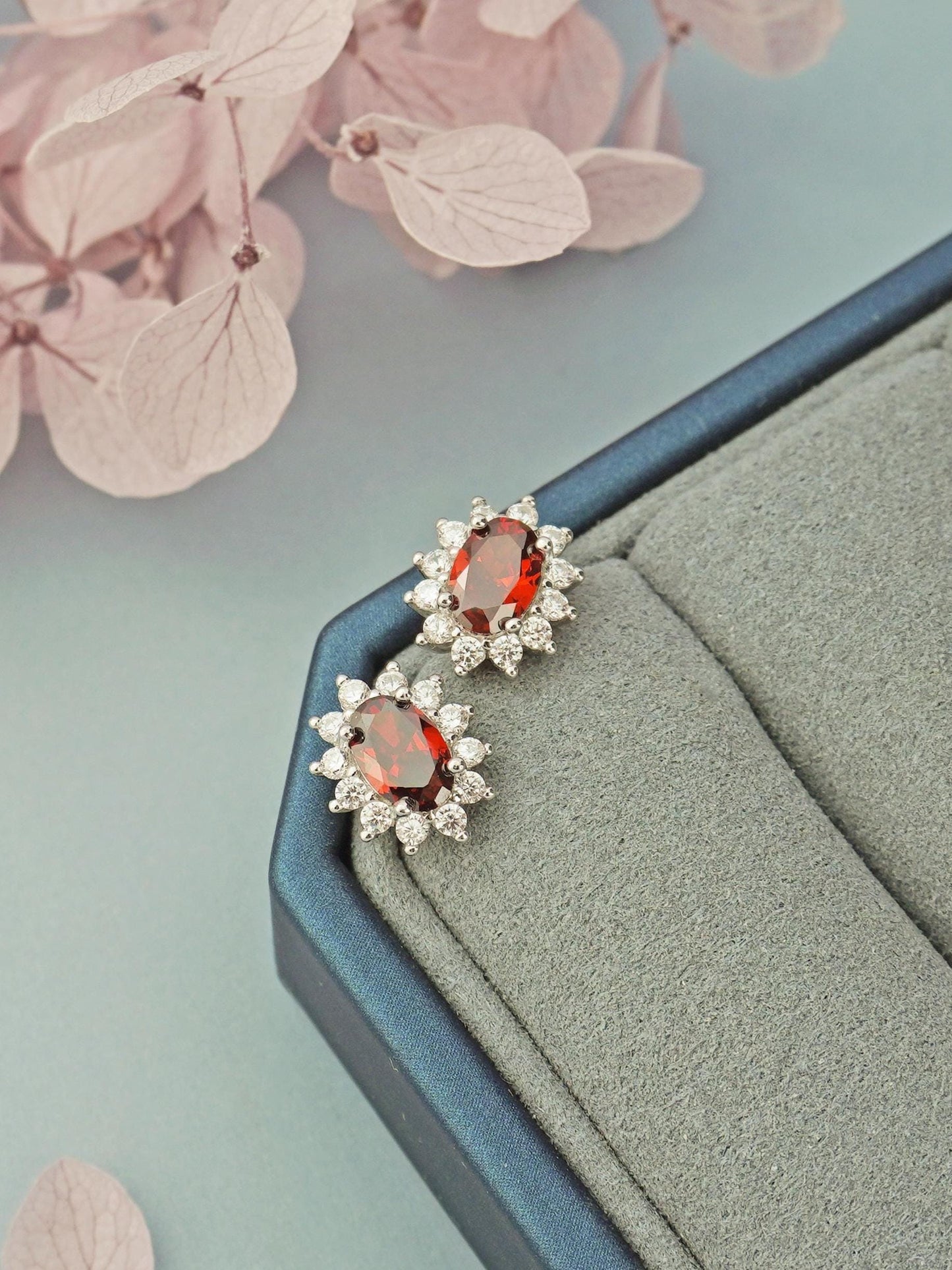 Pair of Halo Oval Red CZ Stud Earrings in 18ct Gold Plated or Sterling Silver