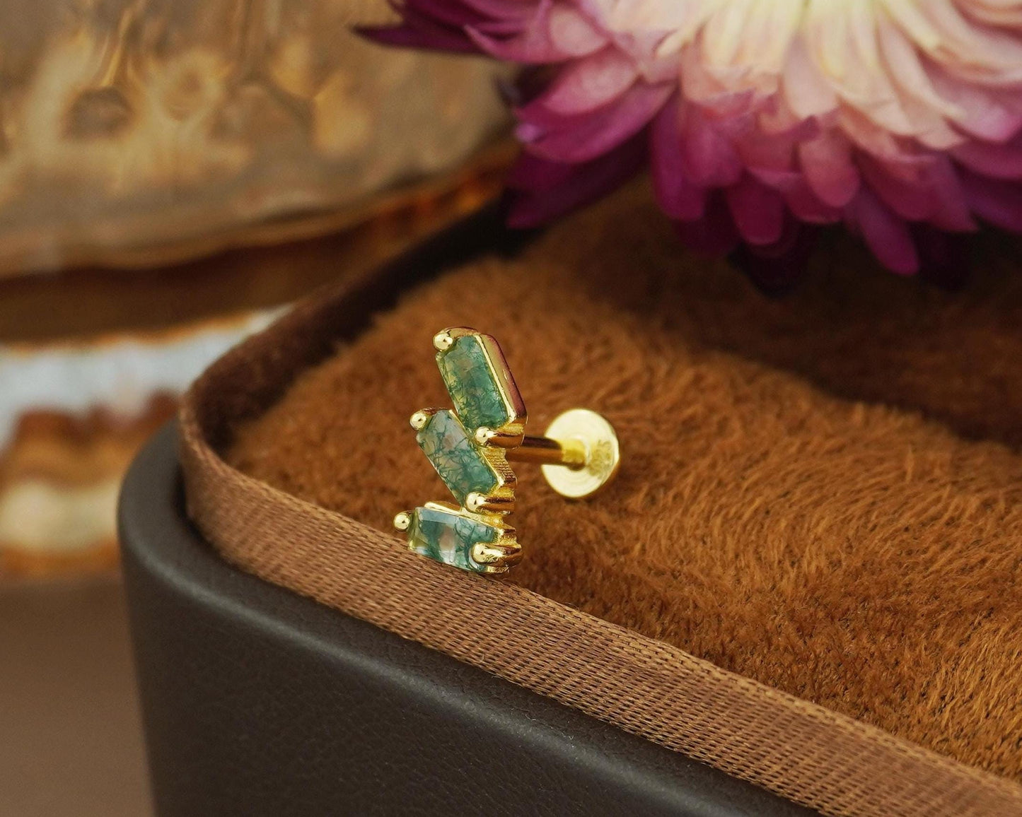 1 pc of Natural Green Moss Agate Triple Baguette Flat Back Stud Earring in Gold Plated over Sterling Silver