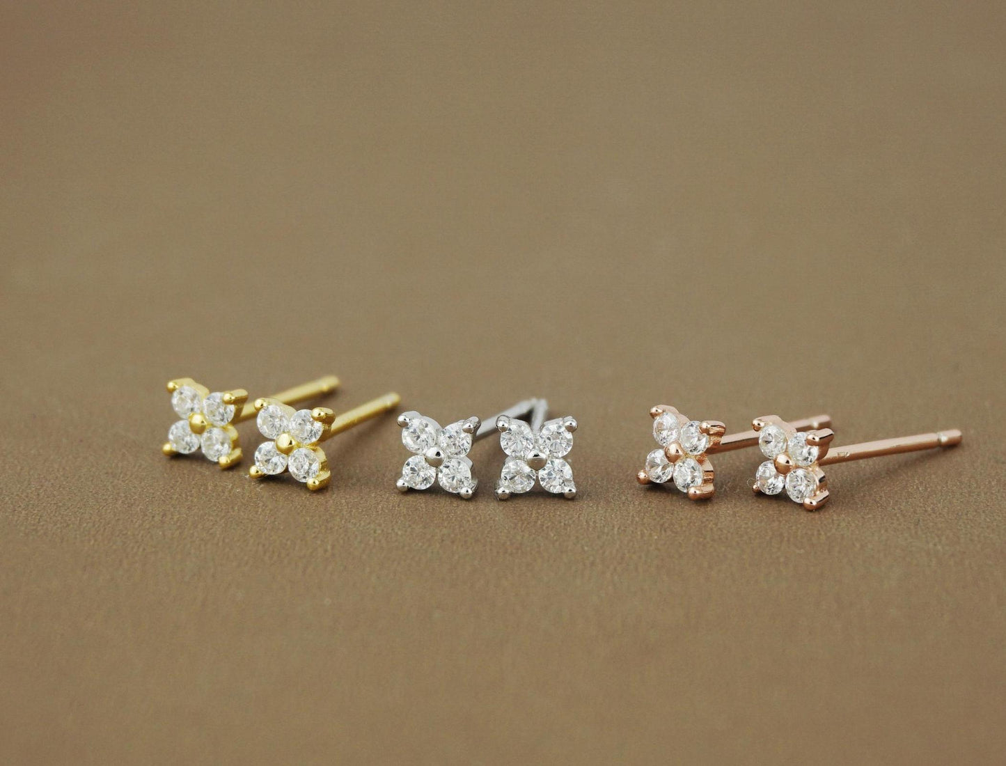 Pair of Tiny Quartet CZ Stud Earrings in Sterling Silver, Gold or Rose Gold Finish, Sparkly Hydrangea Flower Ear Lobe Piercing