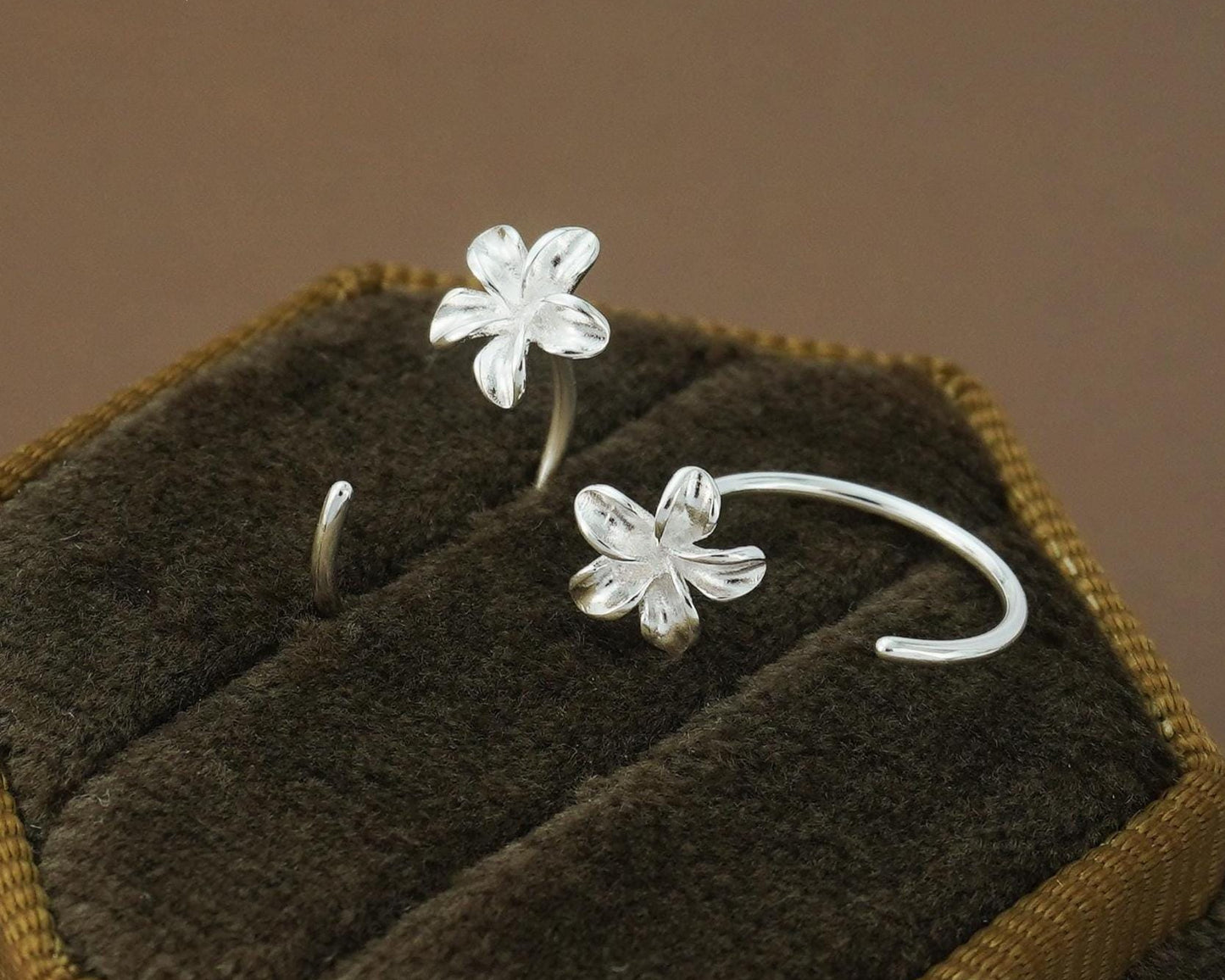 Pair of Plumeria Flower Open Hoop Threader Earrings in Sterling Silver