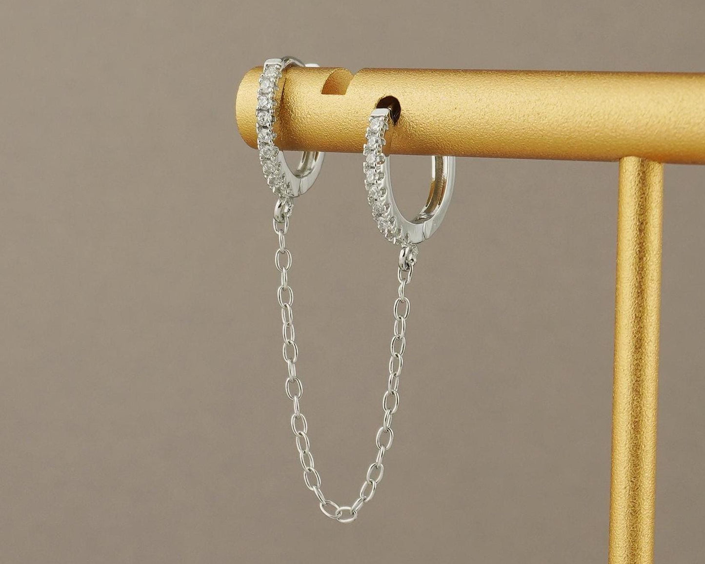 1 pc of Duo Hoop Earring with Dangly Link Chain in Sterling Silver or 18ct Gold Plated, Dainty CZ Crystal Paved Jewelry