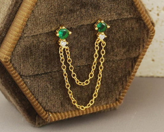 1 pc of Duo Emerald Green CZ Gem Stud Earring in Gold Plated over Sterling Silver, Dangly Double Chain, Layer Tassel Lobe & 2nd Hole Piercing