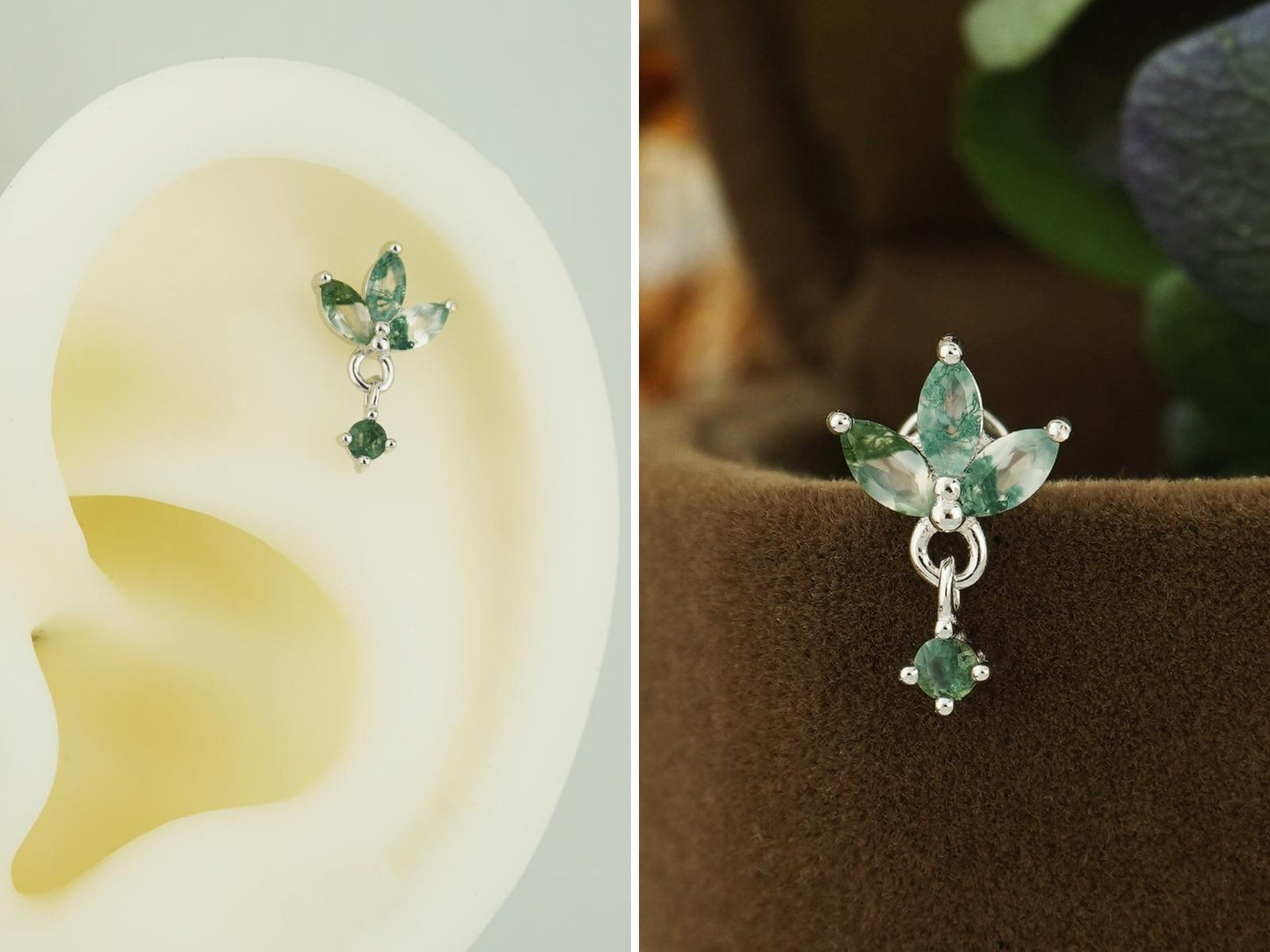 1 pc of Natural Green Moss Agate Flat Back Stud Earring in Sterling Silver/ Plated Gold