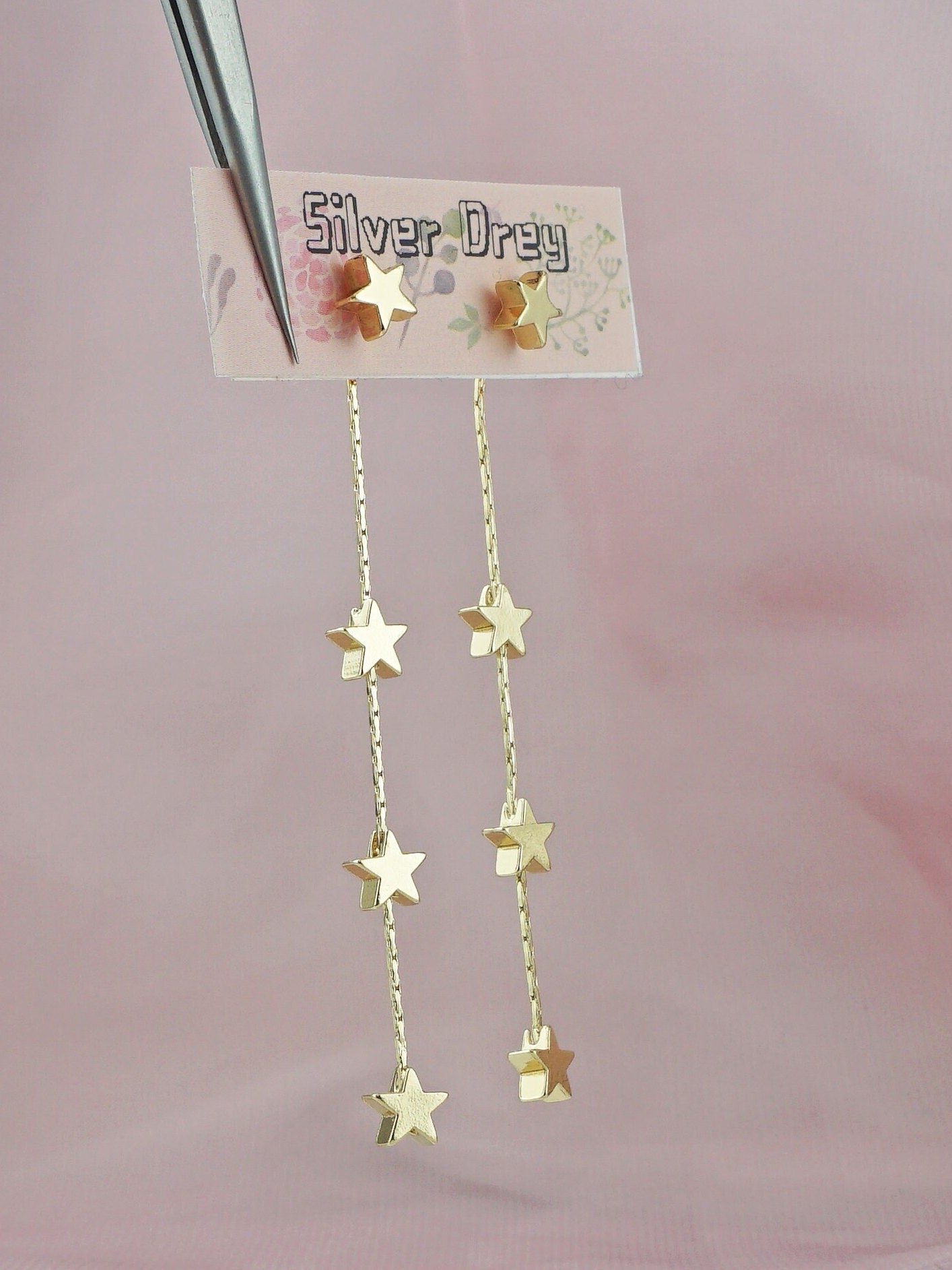 Pair of Brass Stud Earrings in Silver or Gold Finish, Dangly 3 Mini Celestial Charm on a Chain, Dainty Tassel Drop Lobe Jewelry