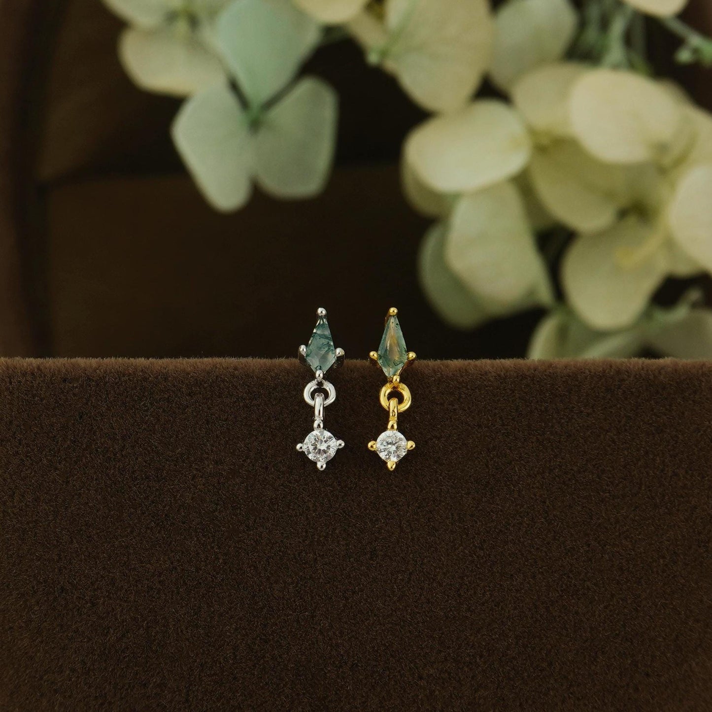 1 pc of VERY TINY Natural Green Moss Agate Kite Shape with Dangly CZ Stud Earring in Sterling Silver / Plated Gold