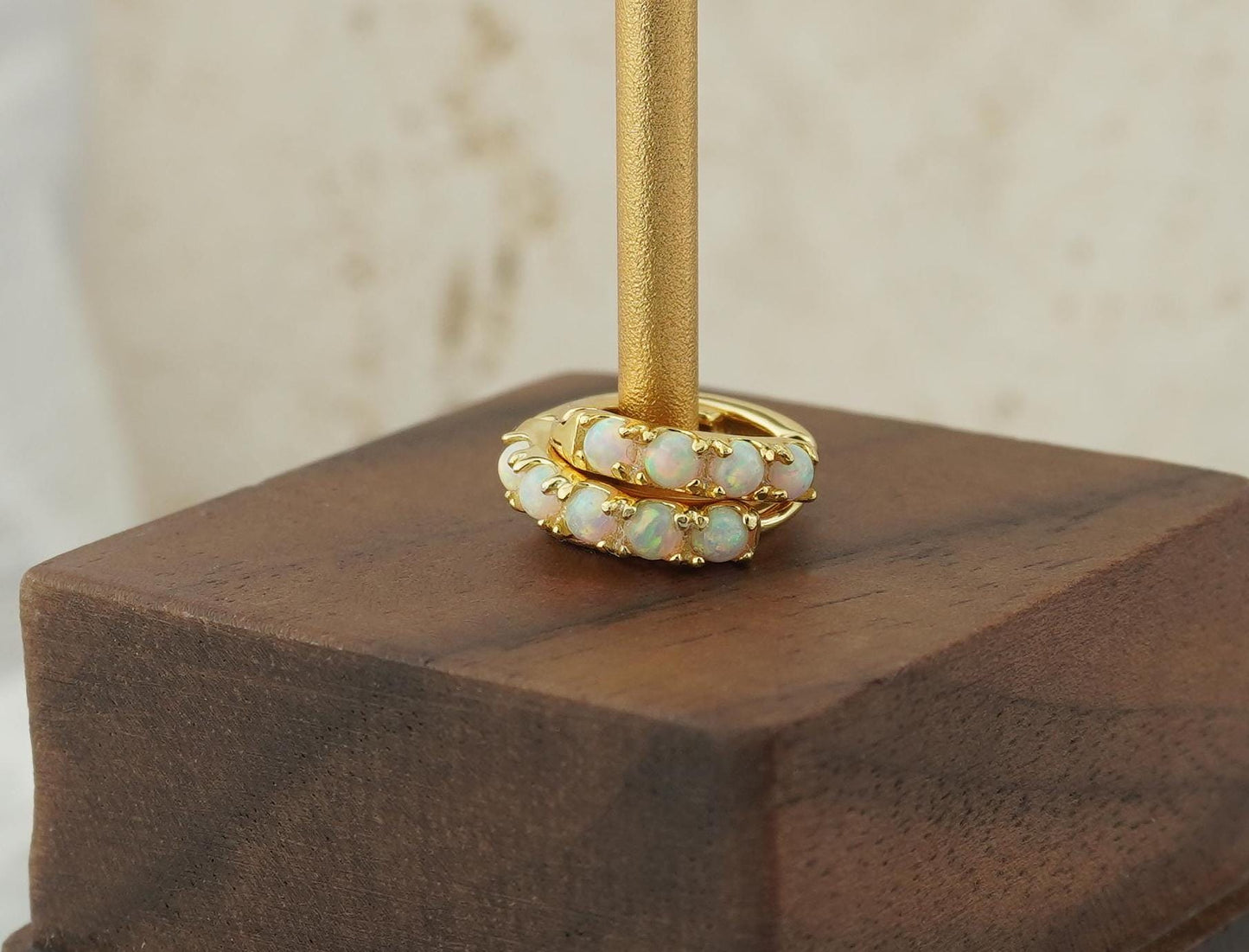 Elegant Opal Gemstone Huggie Hoop Earring in 2 Sizes, Sterling Silver Plated with 18ct Gold