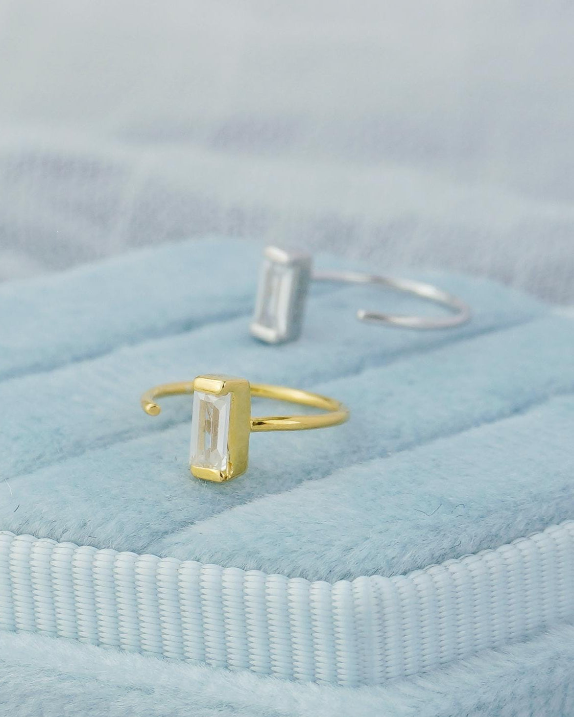 Pair of Tiny Baguette CZ Stone Sterling Silver Threader Earrings in Rhodium or 18ct Gold Plated, C Shape Open Hoop