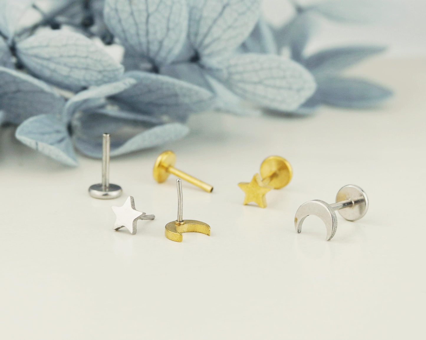 Pair of Stainless Steel Tiny Crescent Moon & Star Push-in Stud Earrings in Steel or Gold