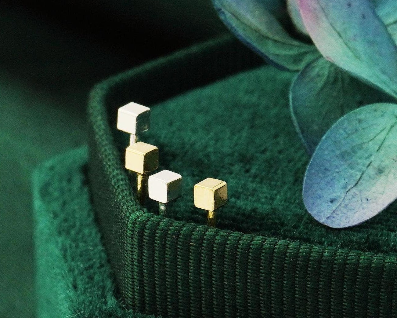 Pair of Tiny 2mm Square Cube Stud Earrings in Sterling Silver or 14ct Gold Plated