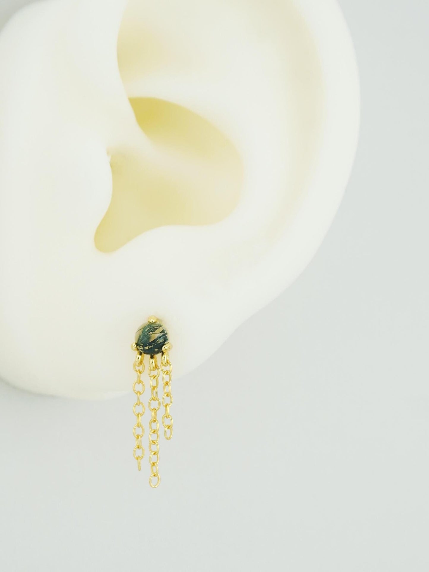 1 pc of Natural Moss Agate Cabochon with Dangly Chains, Flat Back Stud Earring in Sterling Silver /Plated Gold