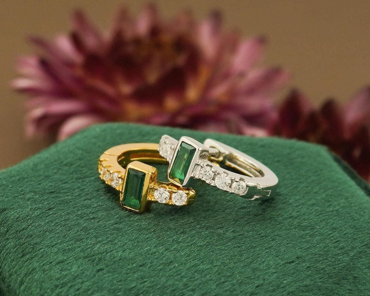 Pair of Emerald Green Baguette CZ Huggie Hoop Earrings in Sterling Silver or Plated Gold, Rectangular Crystal Gem Paved Loop Earlobe Jewelry