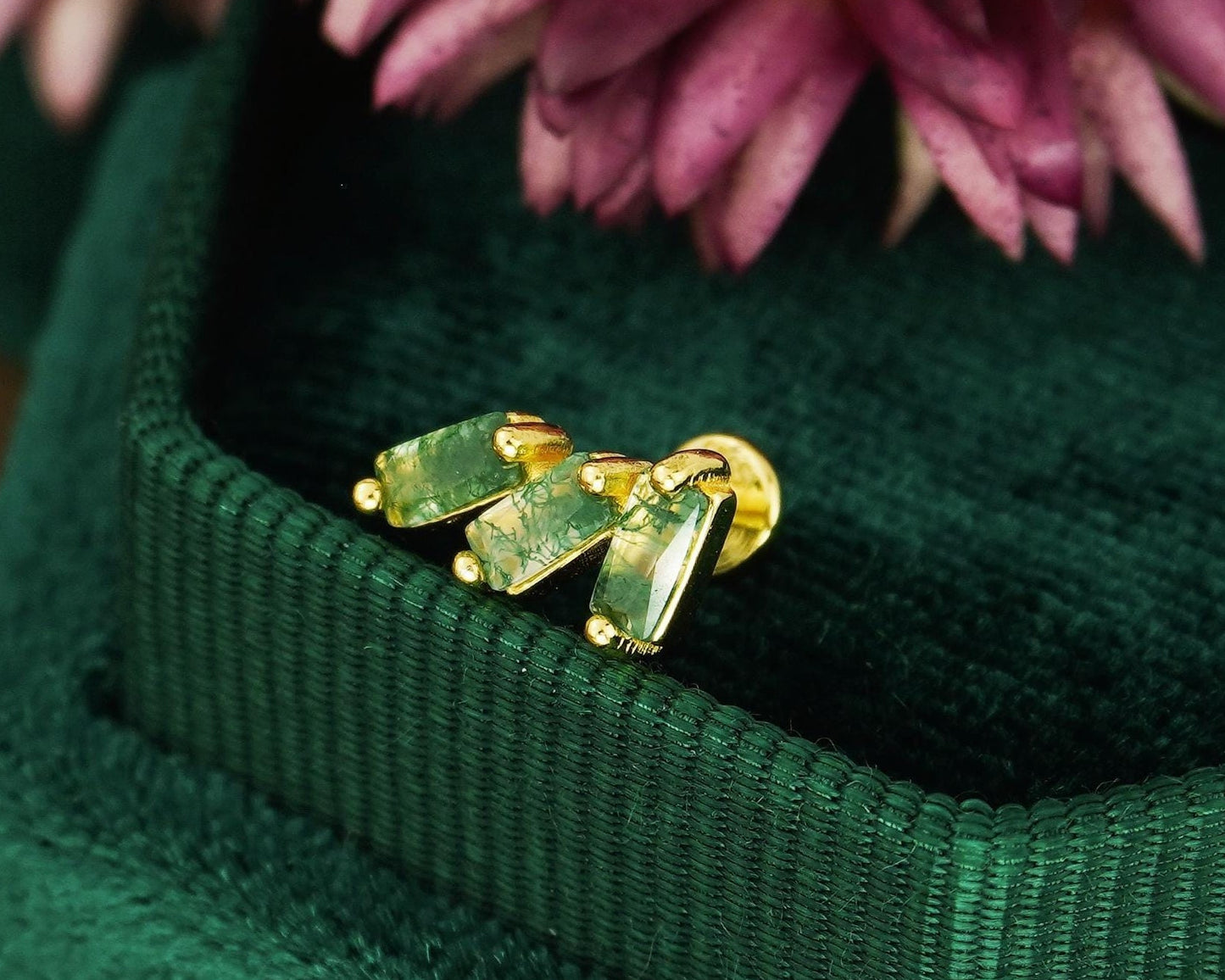 1 pc of Natural Green Moss Agate Triple Baguette Flat Back Stud Earring in Gold Plated over Sterling Silver