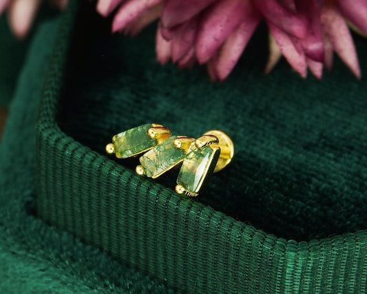 1 pc of Natural Green Moss Agate Triple Baguette Flat Back Stud Earring in Gold Plated over Sterling Silver