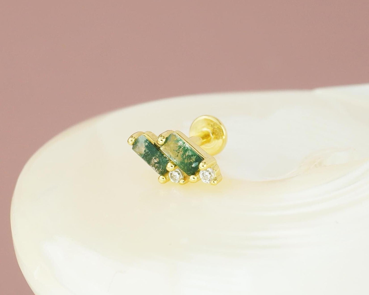 1 pc of Natural Green Moss Agate Double Baguette Stud Earring in Gold Plated over Sterling Silver