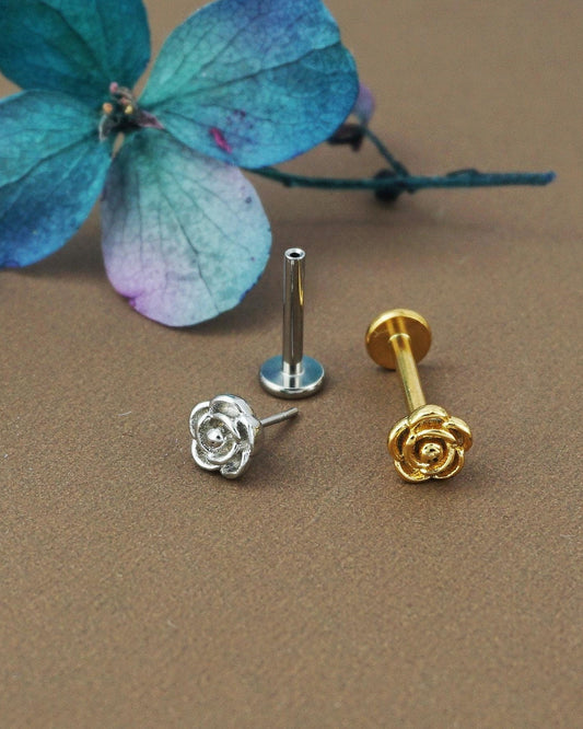 1 pc of Push Pin Flat Back Romantic Rose Floral Blossom Stud Earring in Stainless Steel or Golden Finish