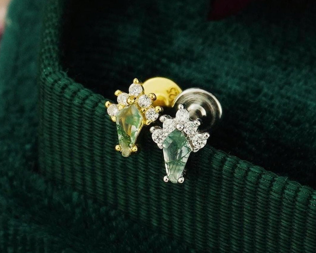 1 pc of Natural Green Moss Agate Kite Shape Flat Back Stud Earring in Sterling Silver or Plated Gold, Dainty CZ Helix Tragus Cartilage Piercing Jewelry