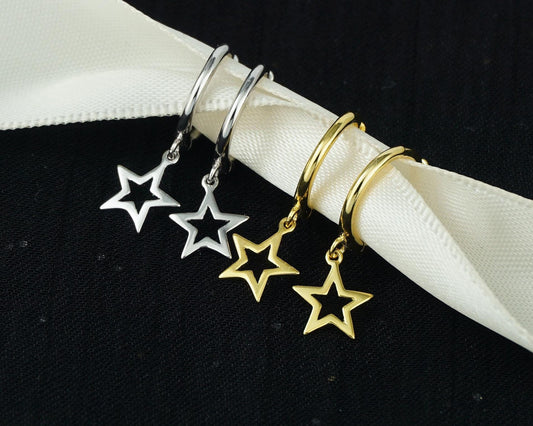 Pair of Dangly Open Star Huggie Hoop Earrings in Sterling Silver or Plated Gold
